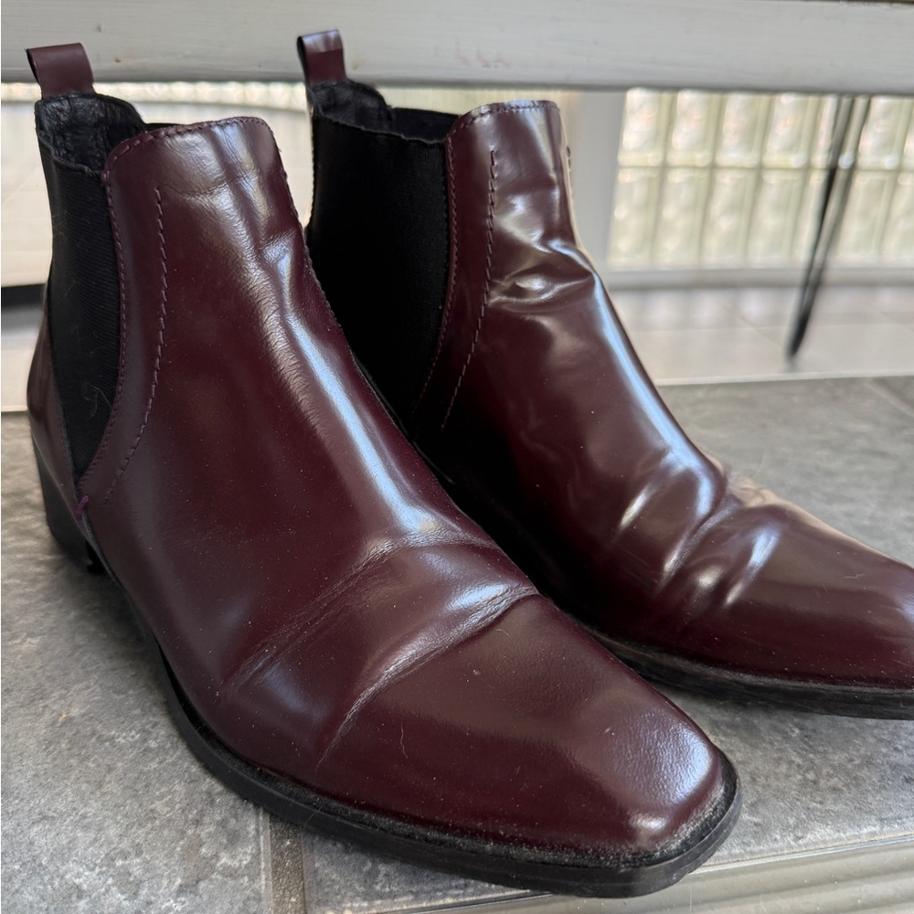 Women's Burgundy Leather Chelsea Booties with Elastic Panels